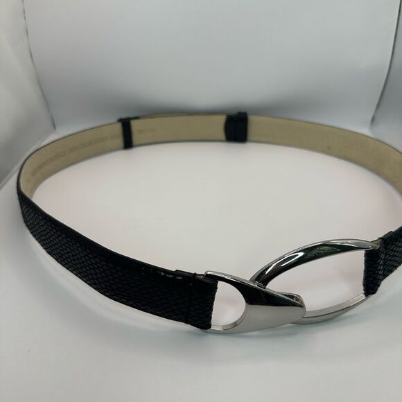 WHBM Black Leather Belt with Silver Buckle Detail Size M/L NWOT - Picture 3 of 8